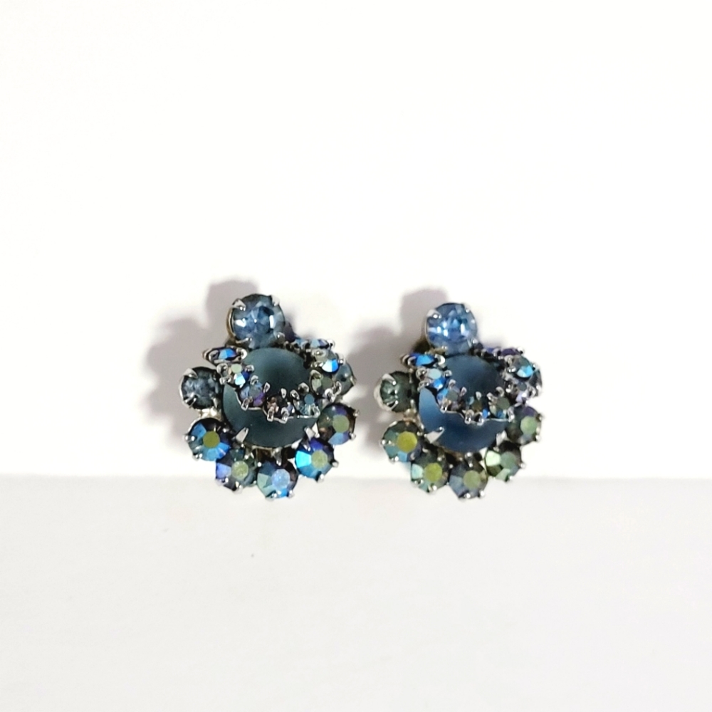 Vintage Signed DeNicola Clip on Earrings Blue Green Rhinestones